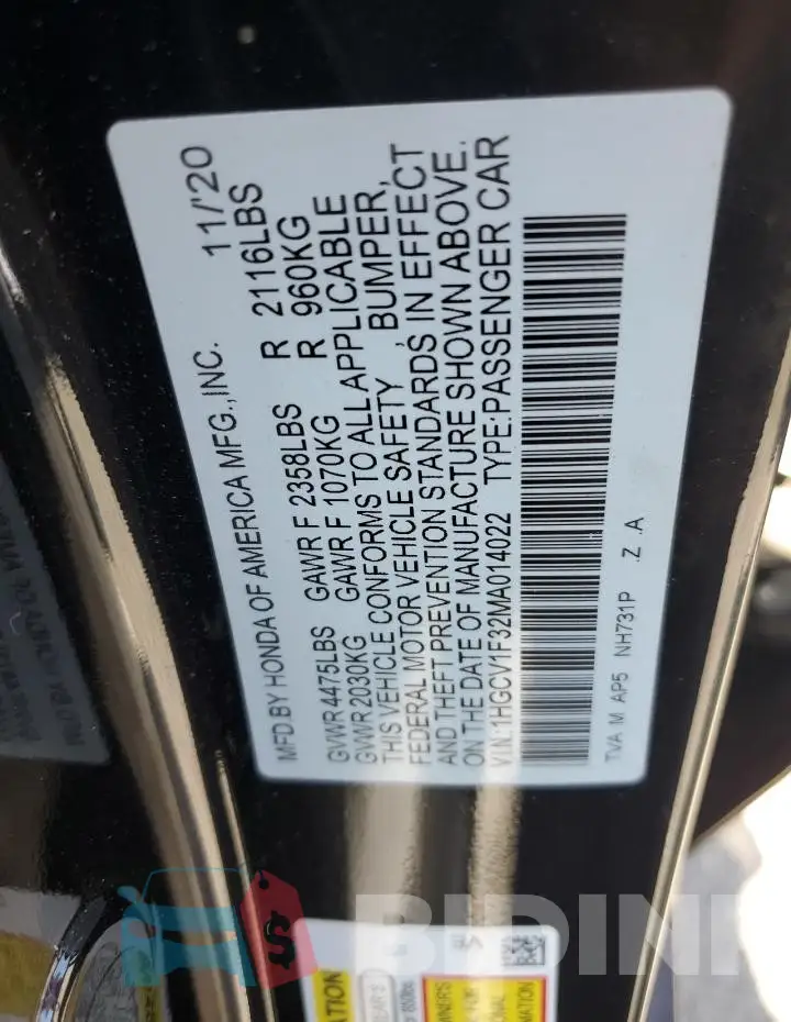 1HGCV1F32MA014022 Photo# 13