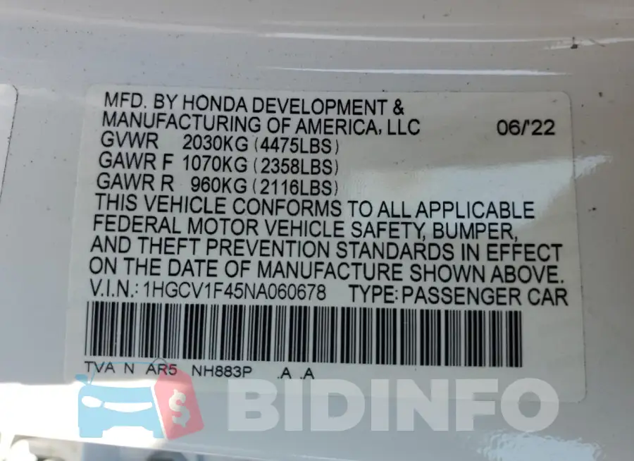 1HGCV1F45NA060678 Photo# 12