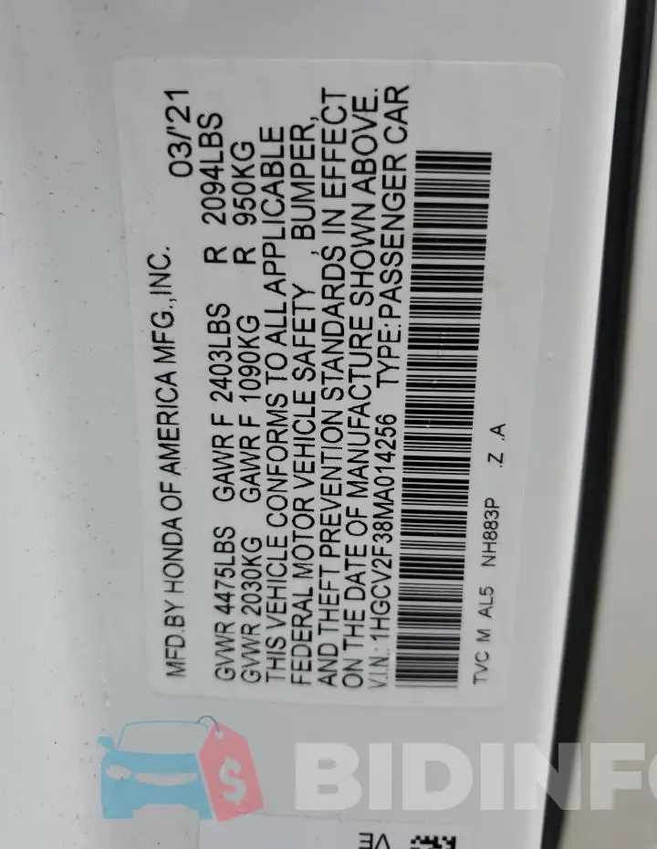 1HGCV2F38MA014256 Photo# 12