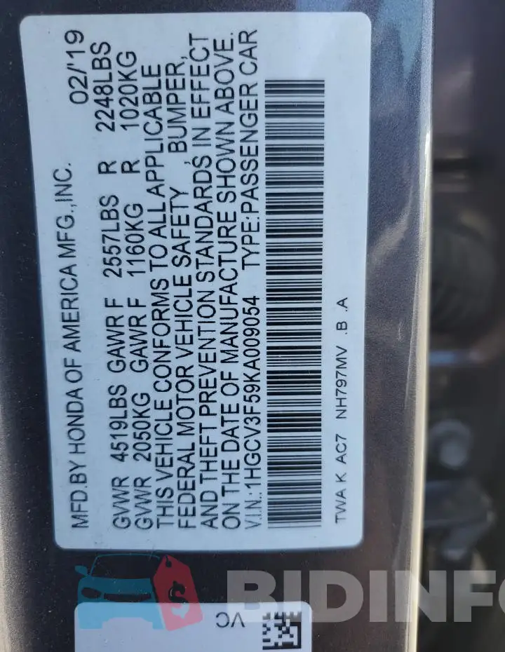1HGCV3F59KA009054 Photo# 12