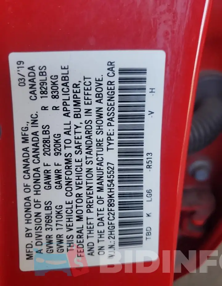 2HGFC2F89KH545527 Photo# 12