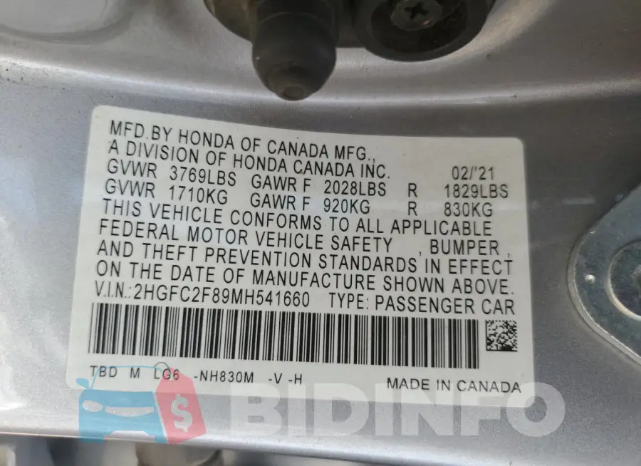 2HGFC2F89MH541660 Photo# 13