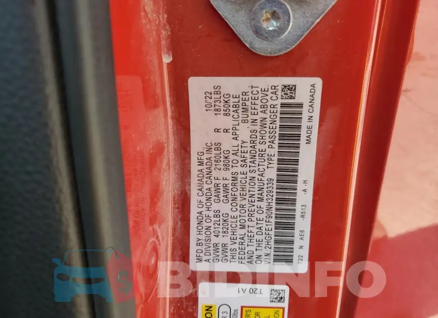 2HGFE1F90NH329339 Photo# 12
