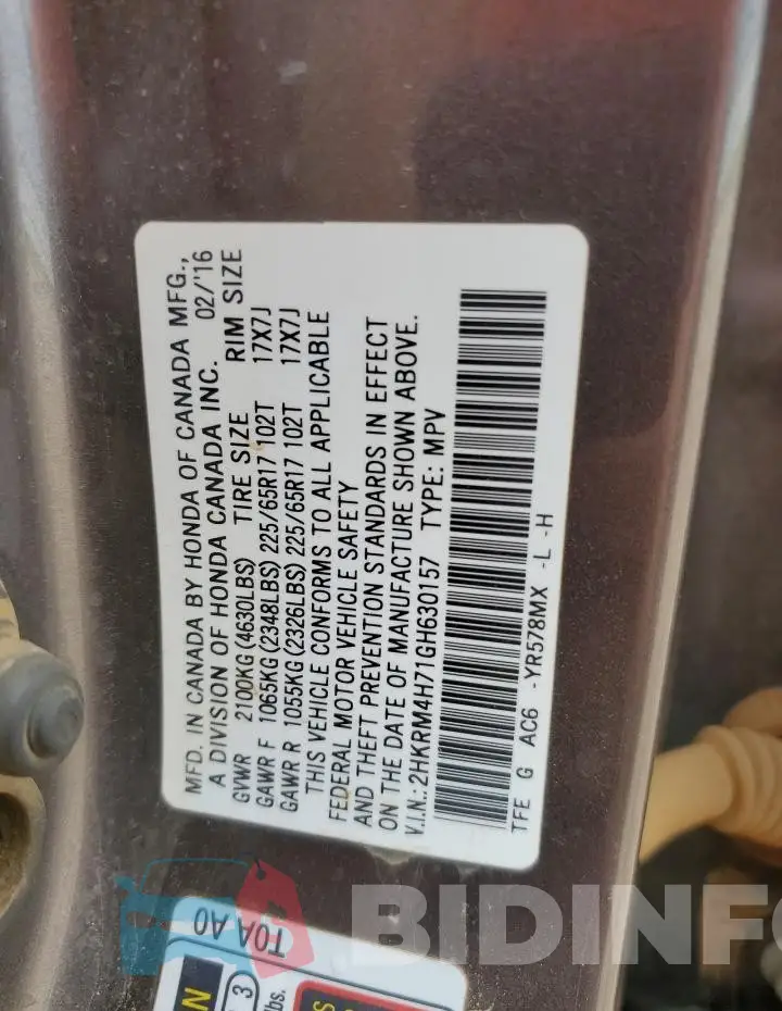 2HKRM4H71GH630157 Photo# 13