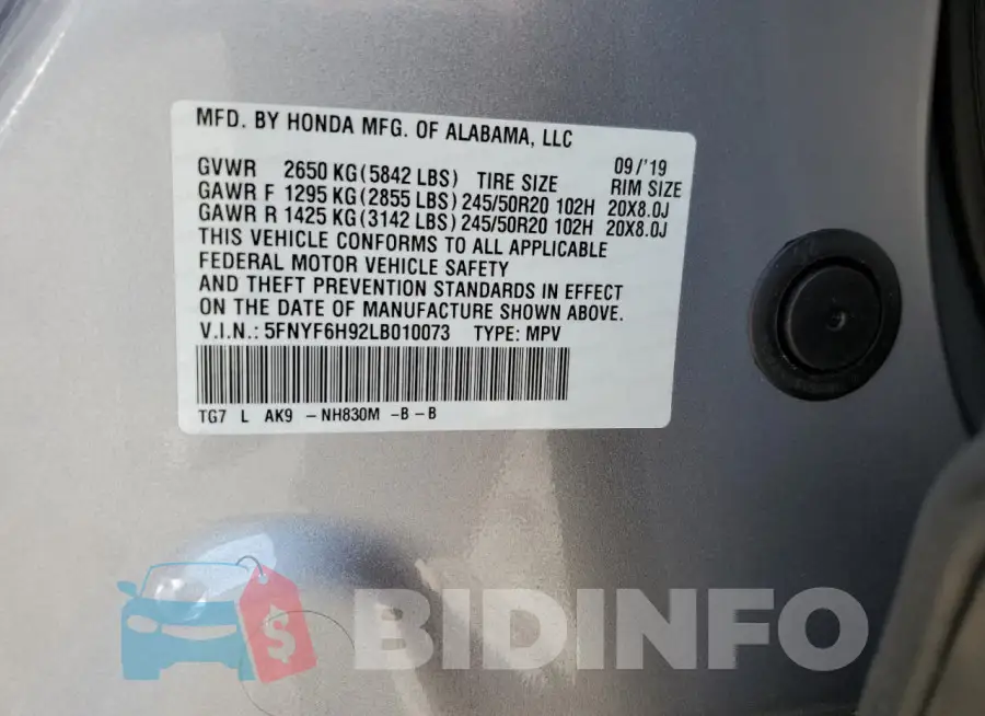 5FNYF6H92LB010073 Photo# 14