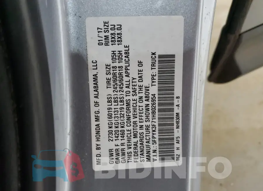 5FPYK3F71HB026954 Photo# 12