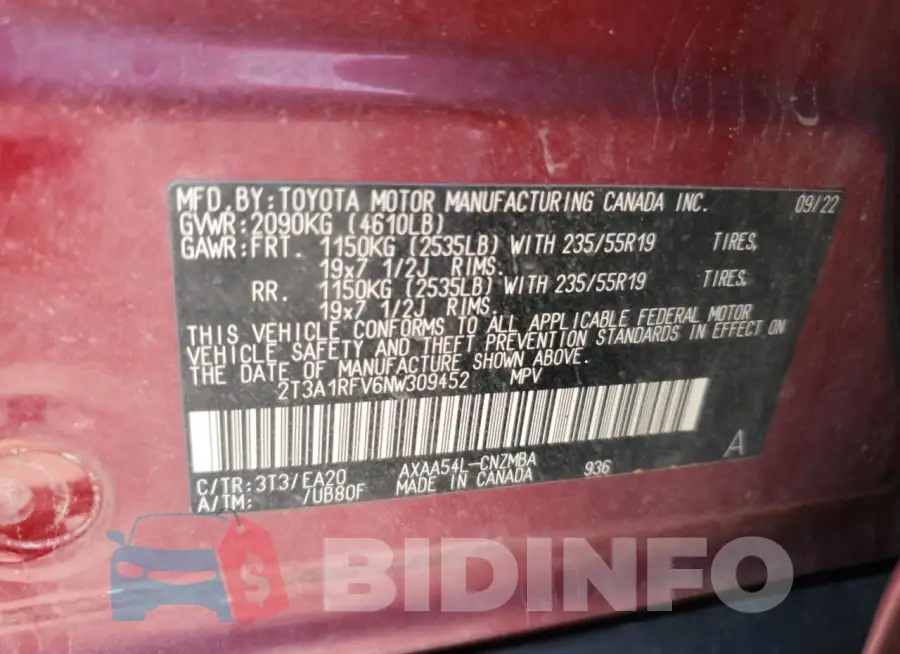 2T3A1RFV6NW309452 Photo# 12