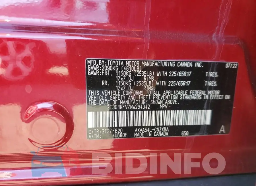 2T3G1RFV7NW294342 Photo# 12