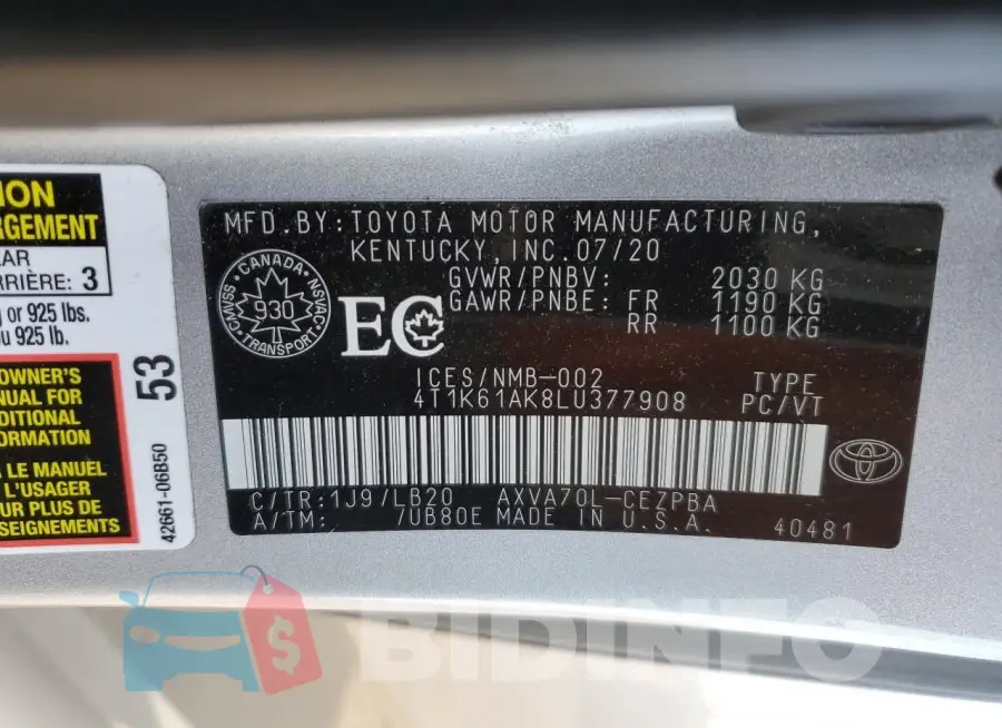 4T1K61AK8LU377908 Photo# 12