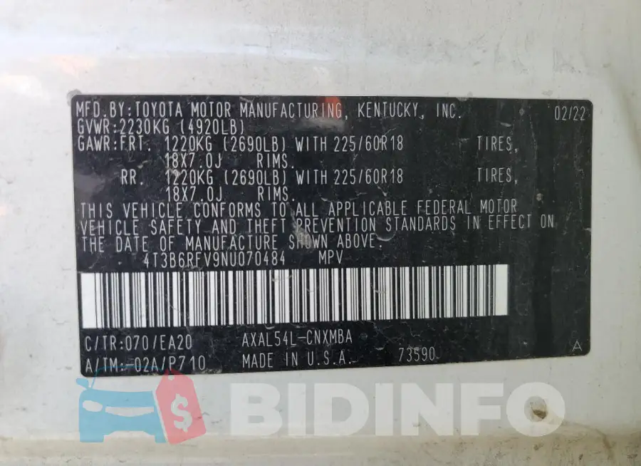 4T3B6RFV9NU070484 Photo# 13