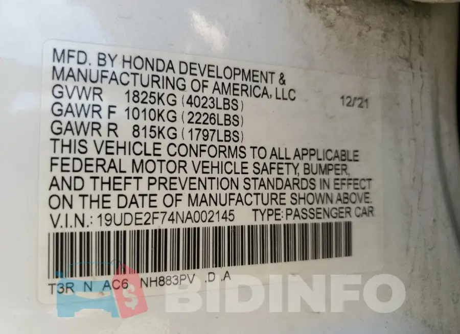 19UDE2F74NA002145 Photo# 12