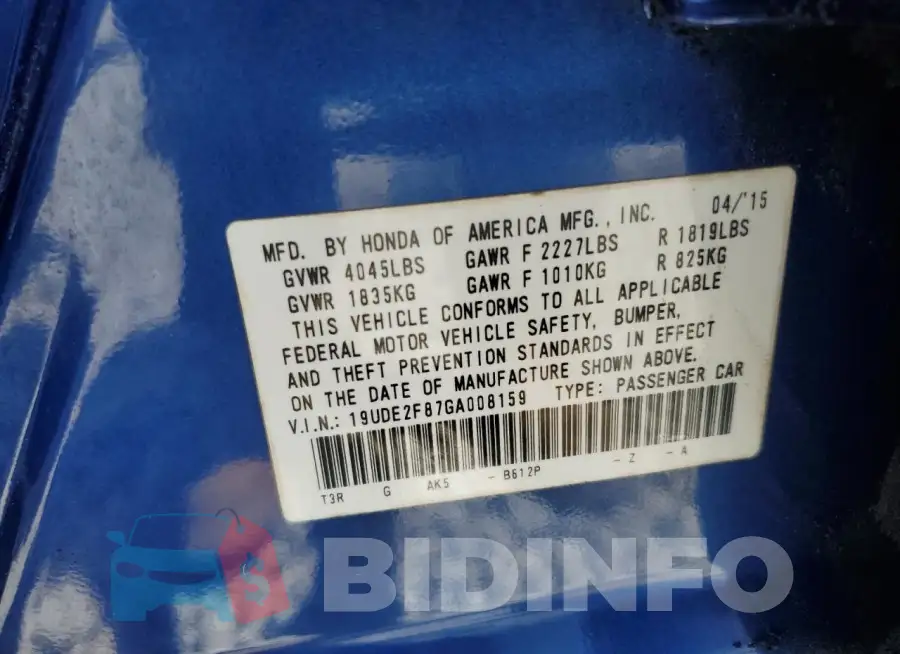 19UDE2F87GA008159 Photo# 12