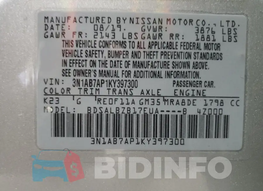 3N1AB7AP1KY397300 Photo# 12
