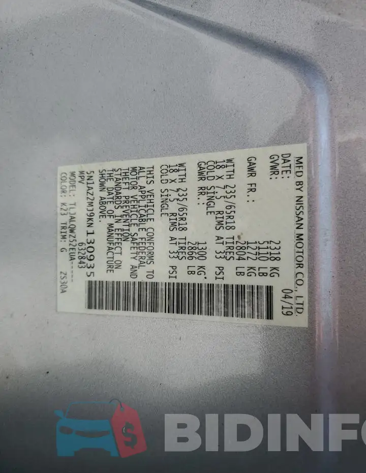 5N1AZ2MJ9KN130935 Photo# 13