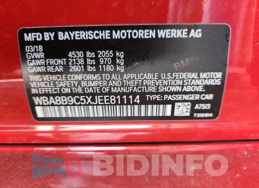 WBA8B9C5XJEE81114 Photo# 13