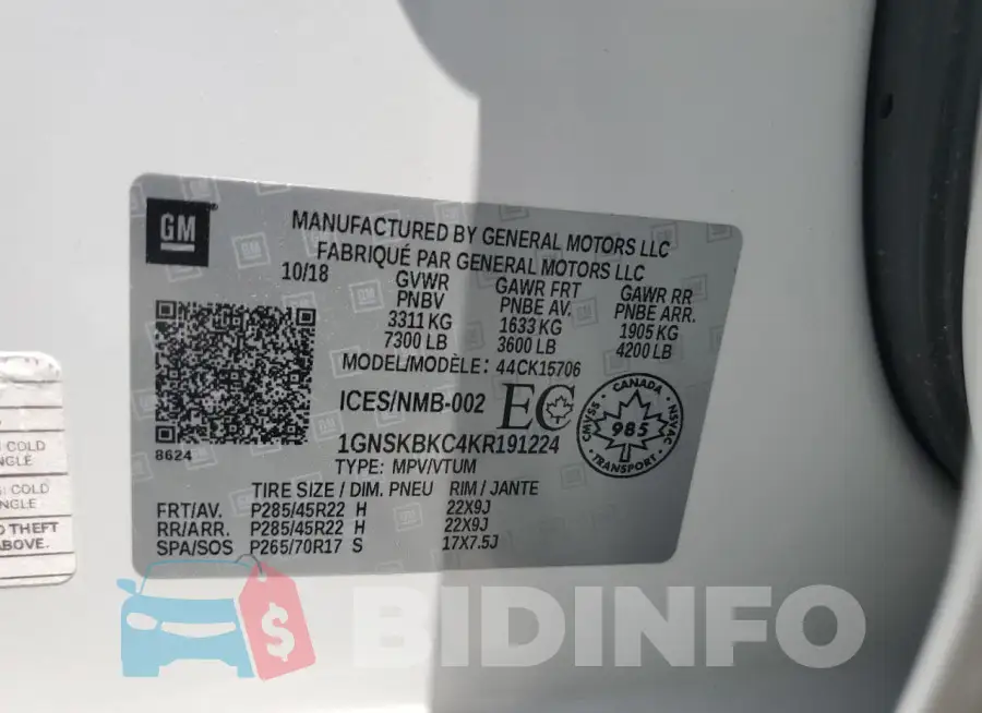1GNSKBKC4KR191224 Photo# 14