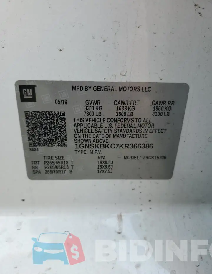 1GNSKBKC7KR366386 Photo# 12