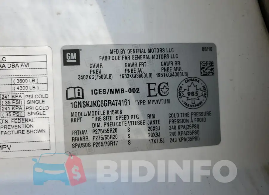 1GNSKJKC6GR474161 Photo# 13