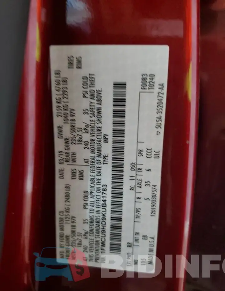 1FMCU9HD9KUB41783 Photo# 13