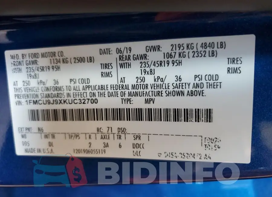 1FMCU9J9XKUC32700 Photo# 14