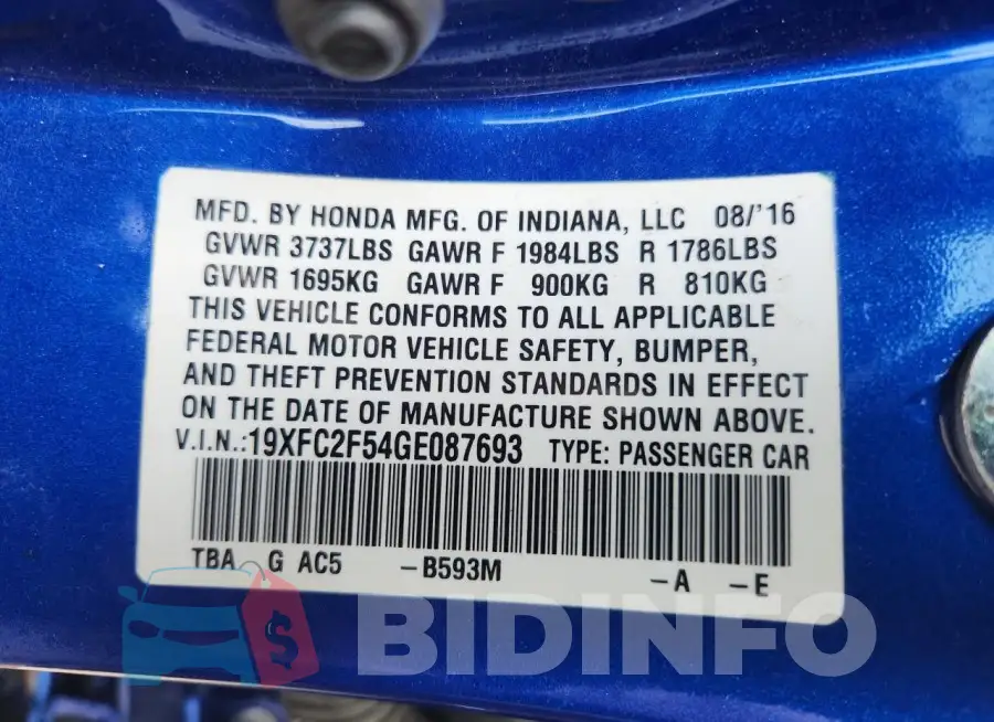 19XFC2F54GE087693 Photo# 12