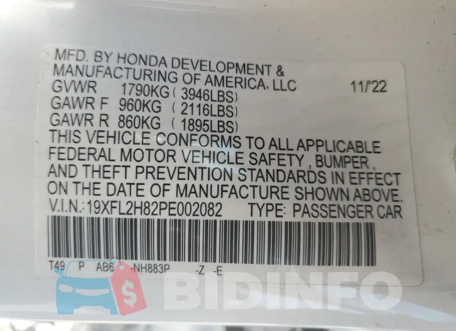 19XFL2H82PE002082 Photo# 12