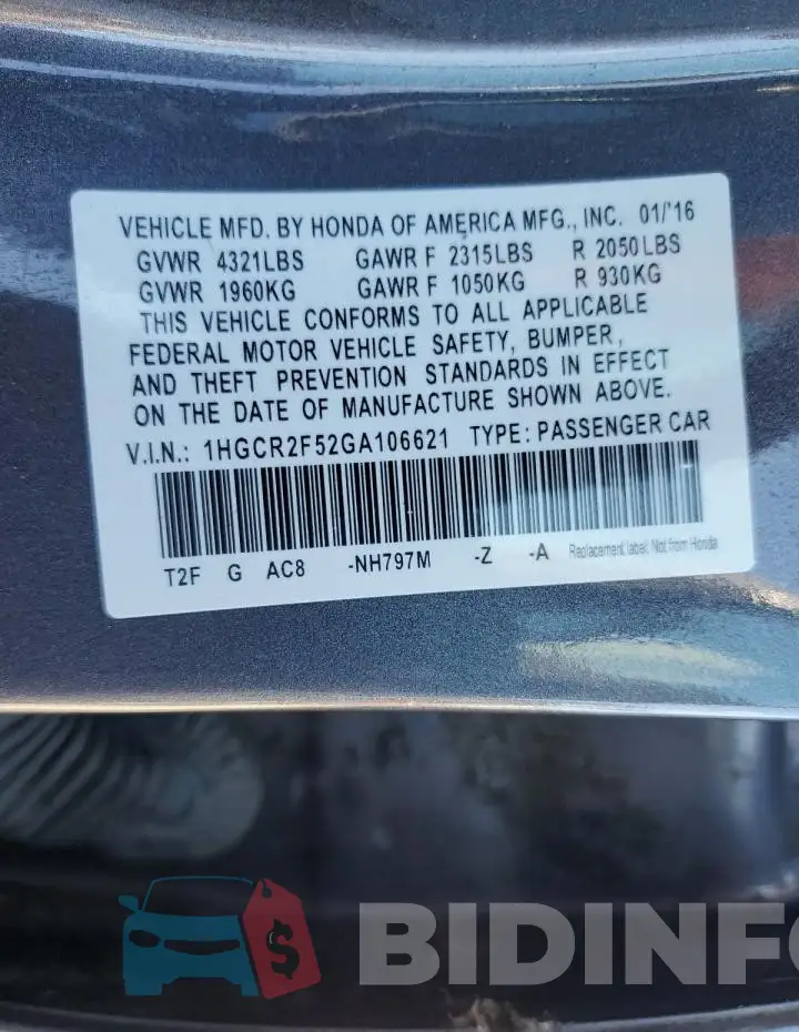 1HGCR2F52GA106621 Photo# 12