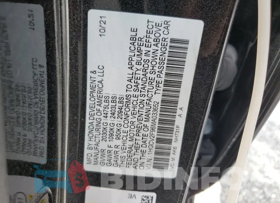 1HGCV2F96MA033652 Photo# 12