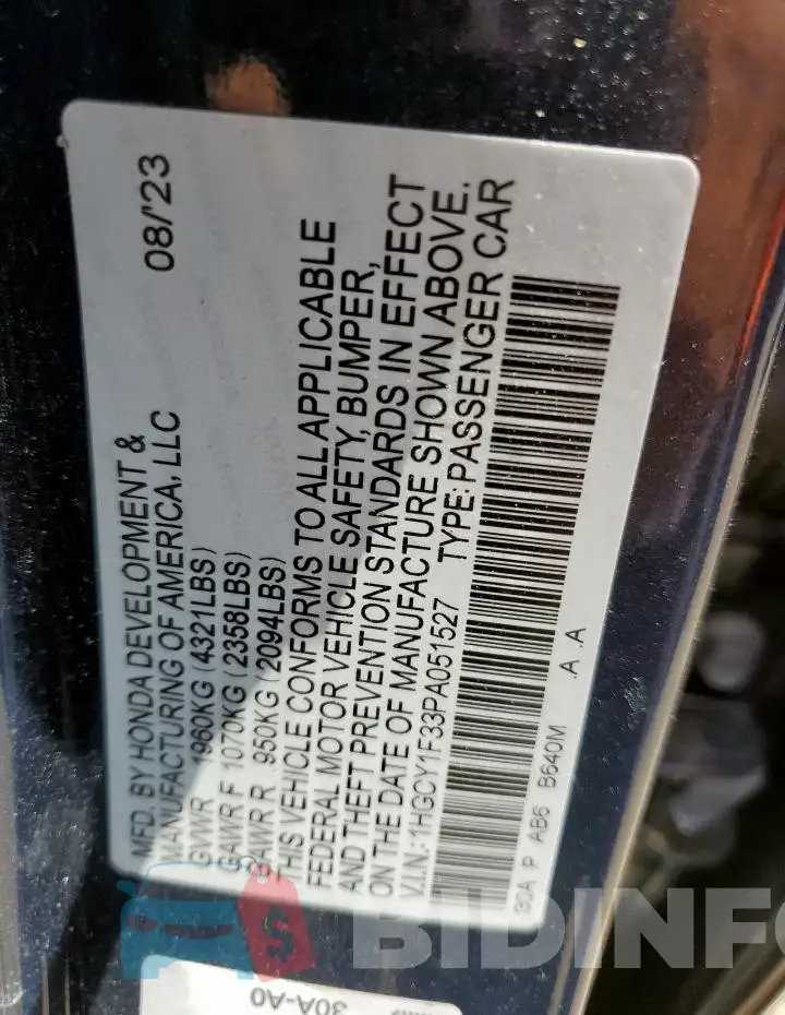 1HGCY1F33PA051527 Photo# 12