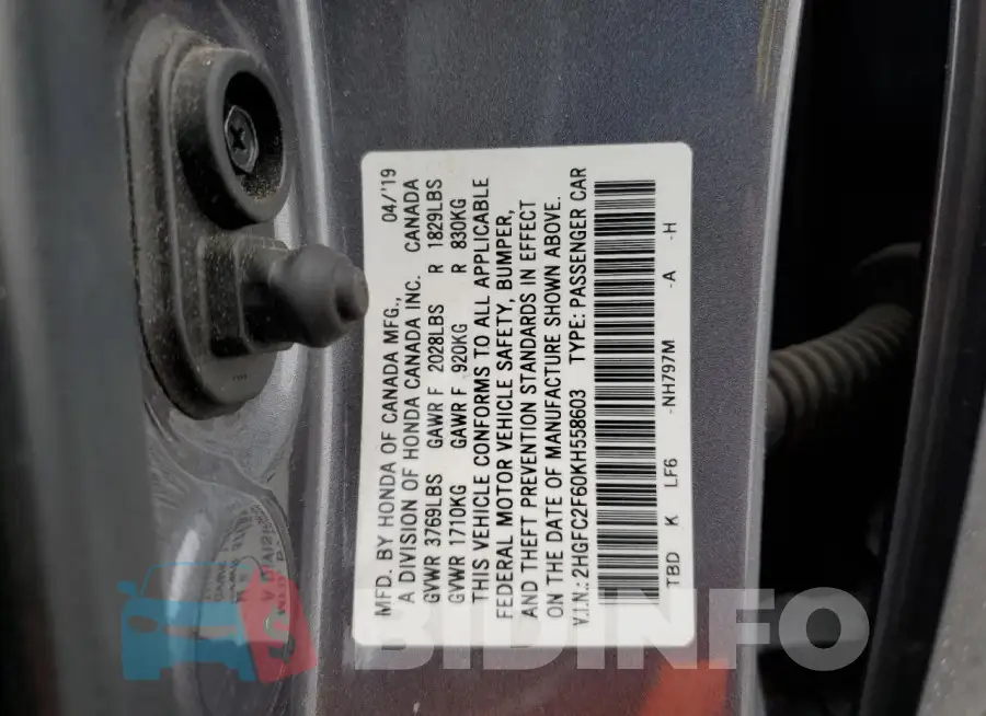 2HGFC2F60KH558603 Photo# 12