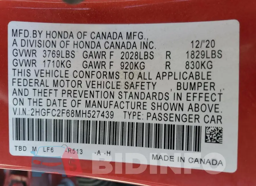 2HGFC2F68MH527439 Photo# 12