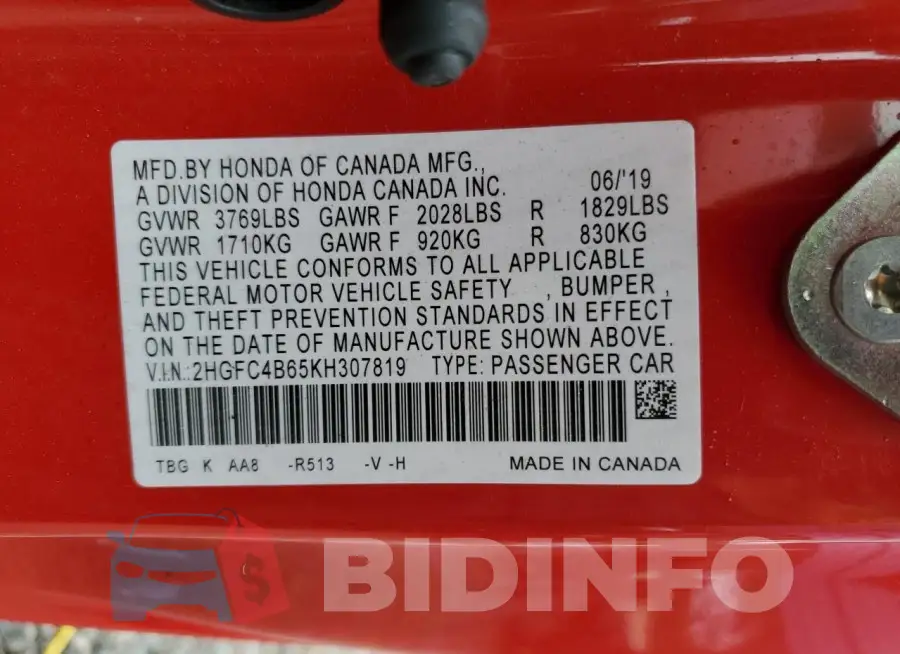 2HGFC4B65KH307819 Photo# 12