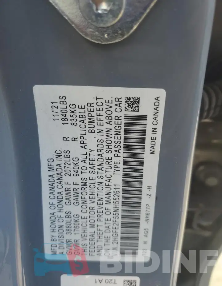 2HGFE2F55NH552611 Photo# 12