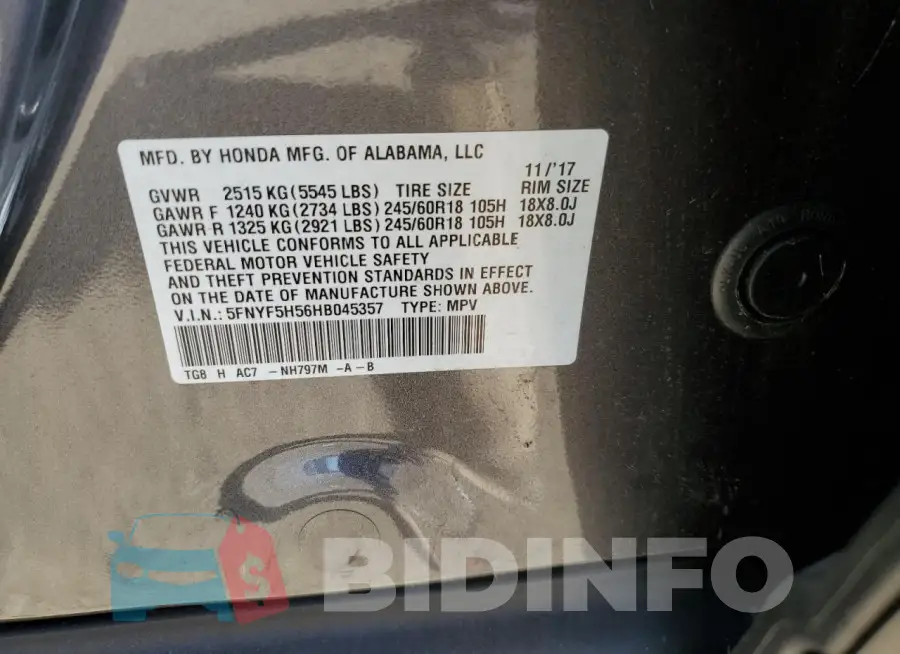 5FNYF5H56HB045357 Photo# 13