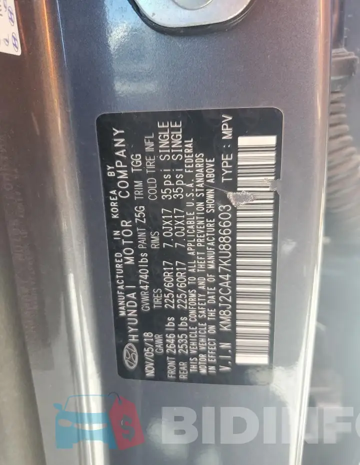 KM8J2CA47KU886603 Photo# 12