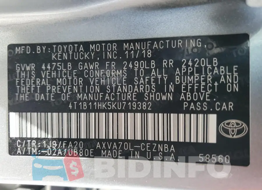 4T1B11HK5KU719382 Photo# 13