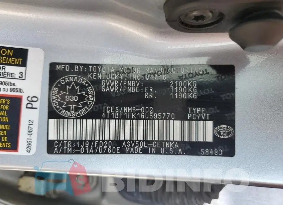 4T1BF1FK1GU595770 Photo# 12