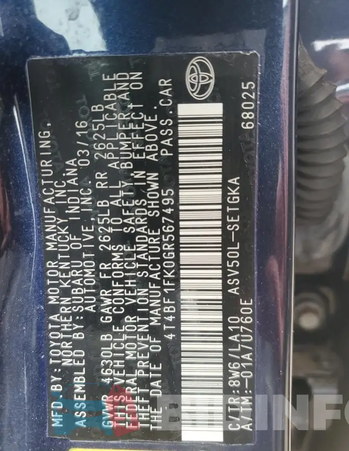 4T4BF1FK0GR567495 Photo# 12