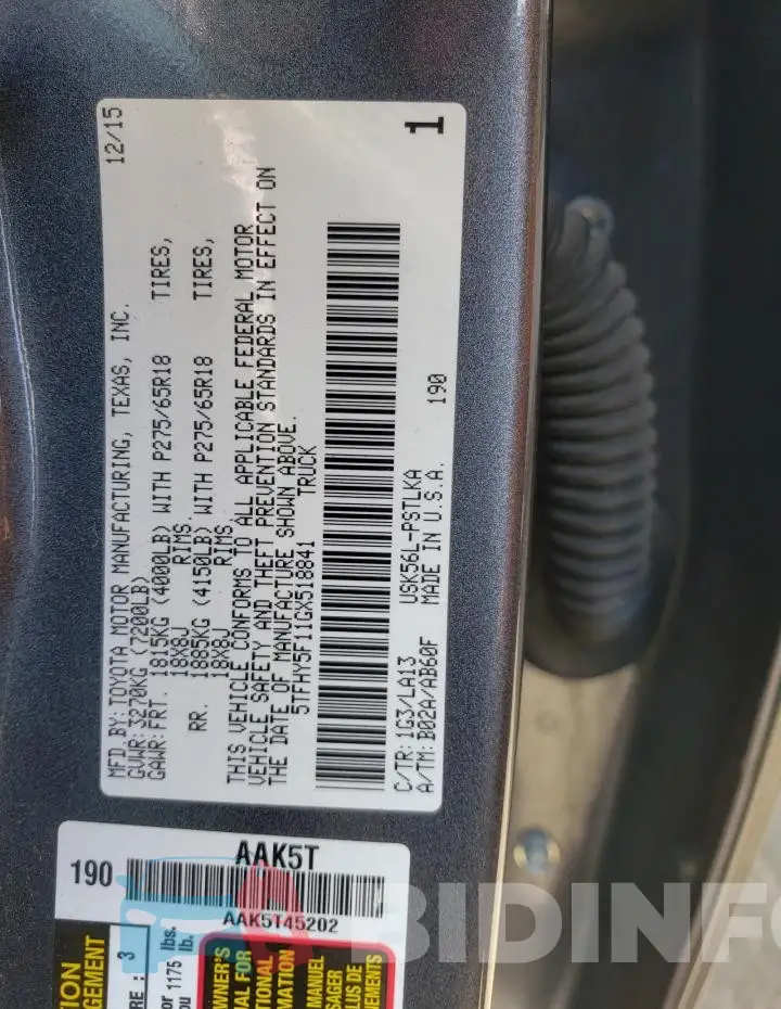 5TFHY5F11GX518841 Photo# 12