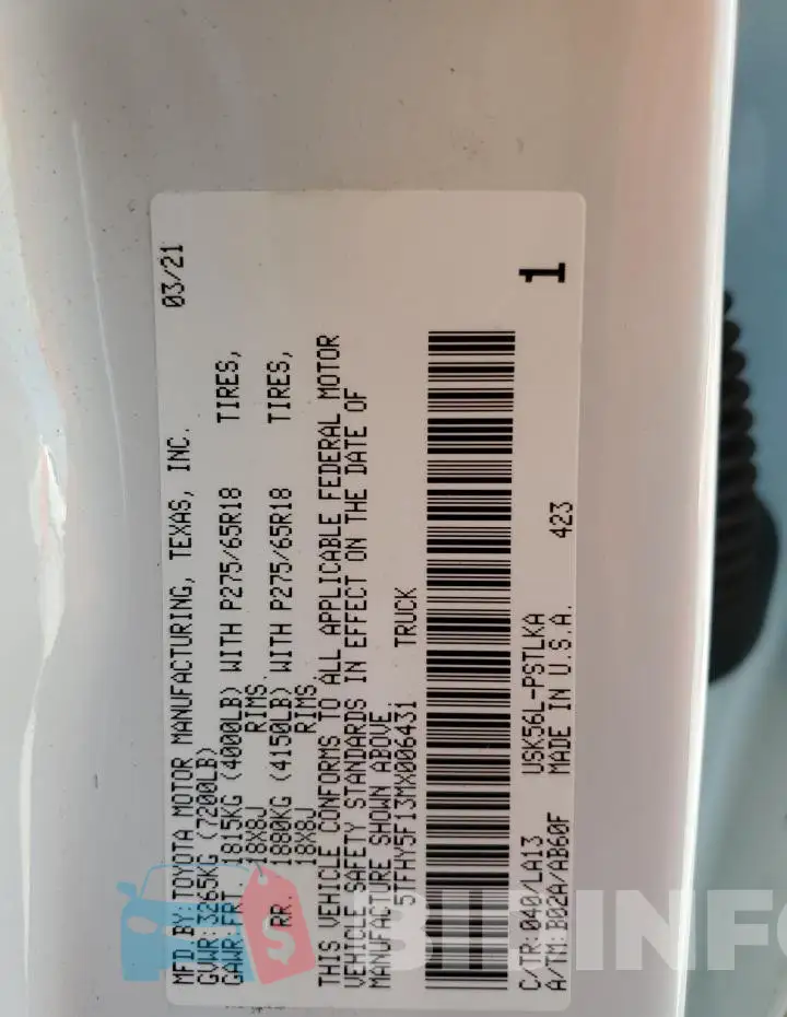 5TFHY5F13MX006431 Photo# 12