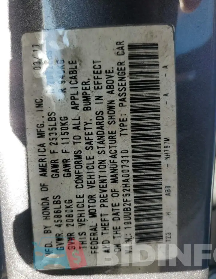 19UUB2F52HA007310 Photo# 13