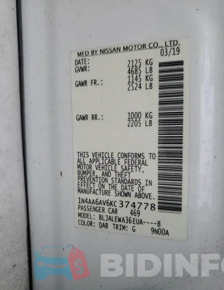 1N4AA6AV6KC374778 Photo# 13