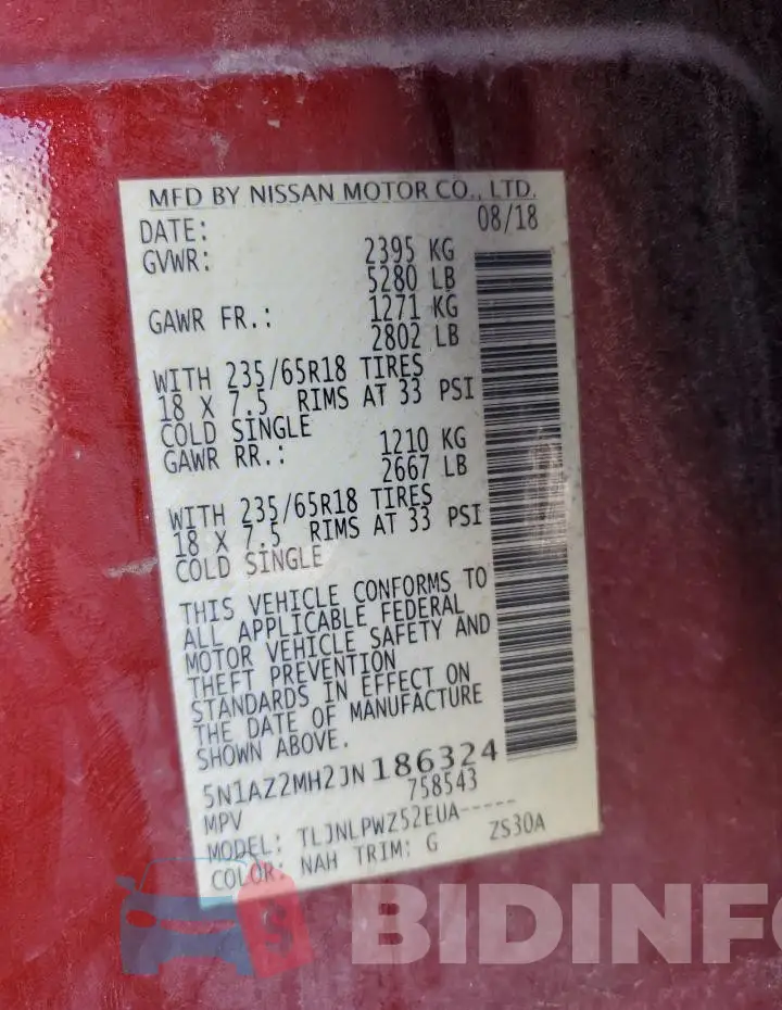 5N1AZ2MH2JN186324 Photo# 13