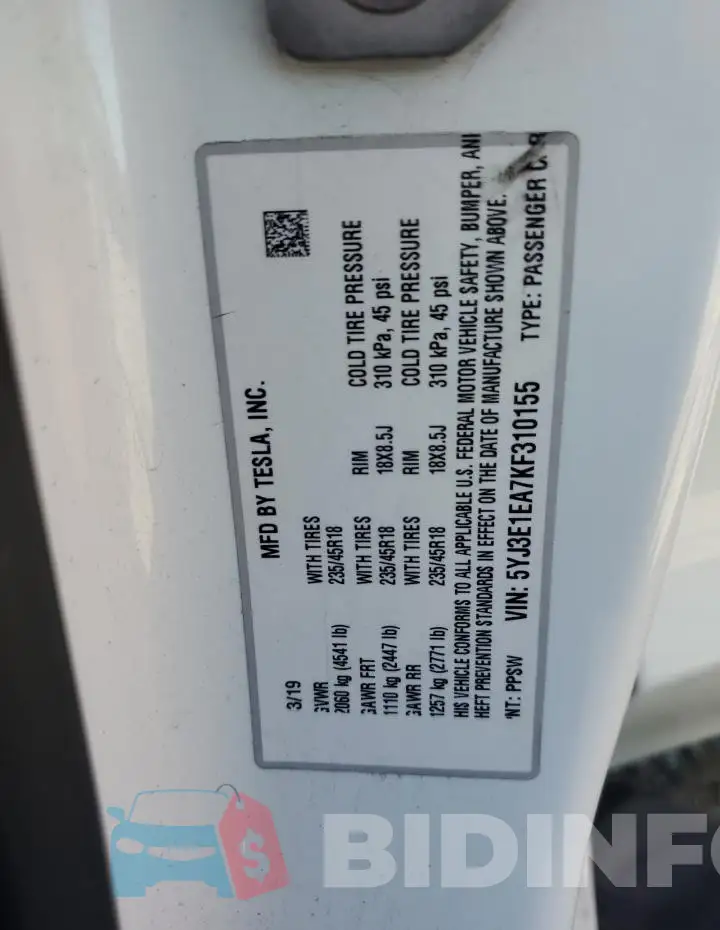 5YJ3E1EA7KF310155 Photo# 12