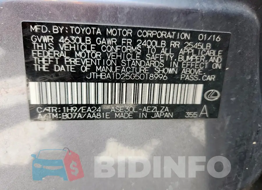 JTHBA1D25G5018996 Photo# 12