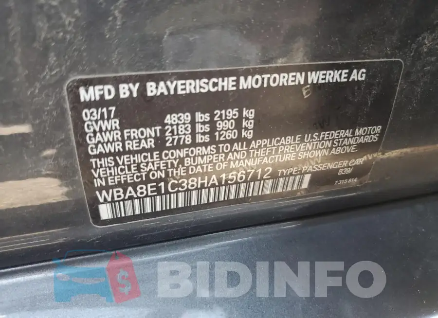 WBA8E1C38HA156712 Photo# 13