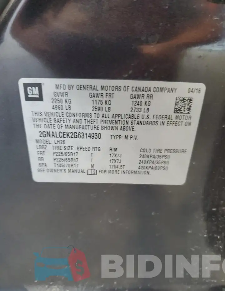 2GNALCEK2G6314930 Photo# 14