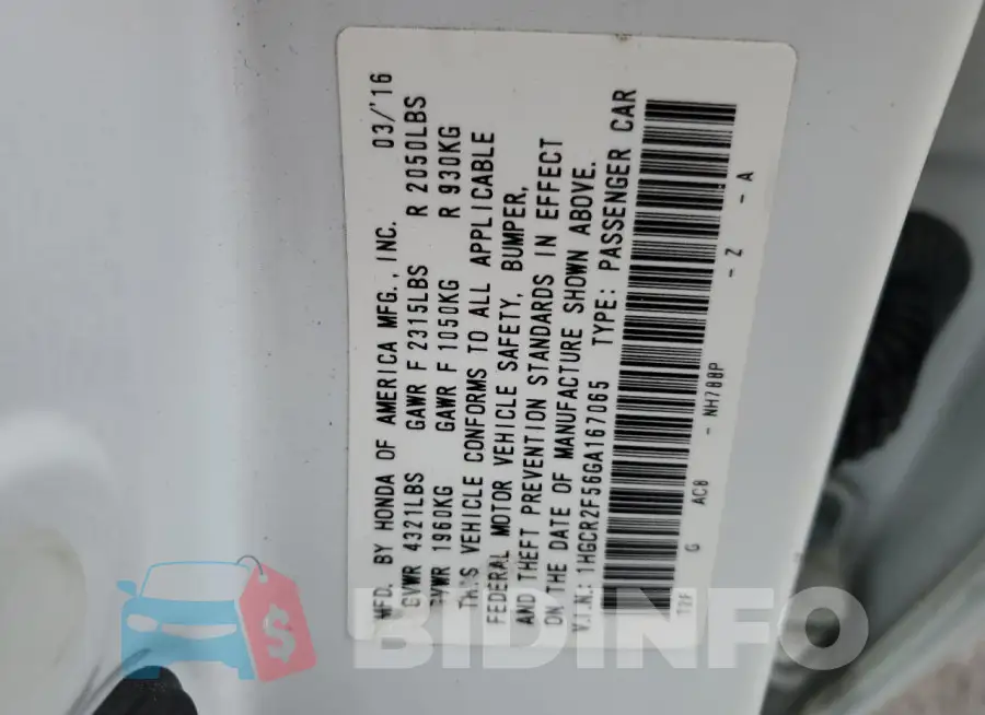 1HGCR2F56GA167065 Photo# 13