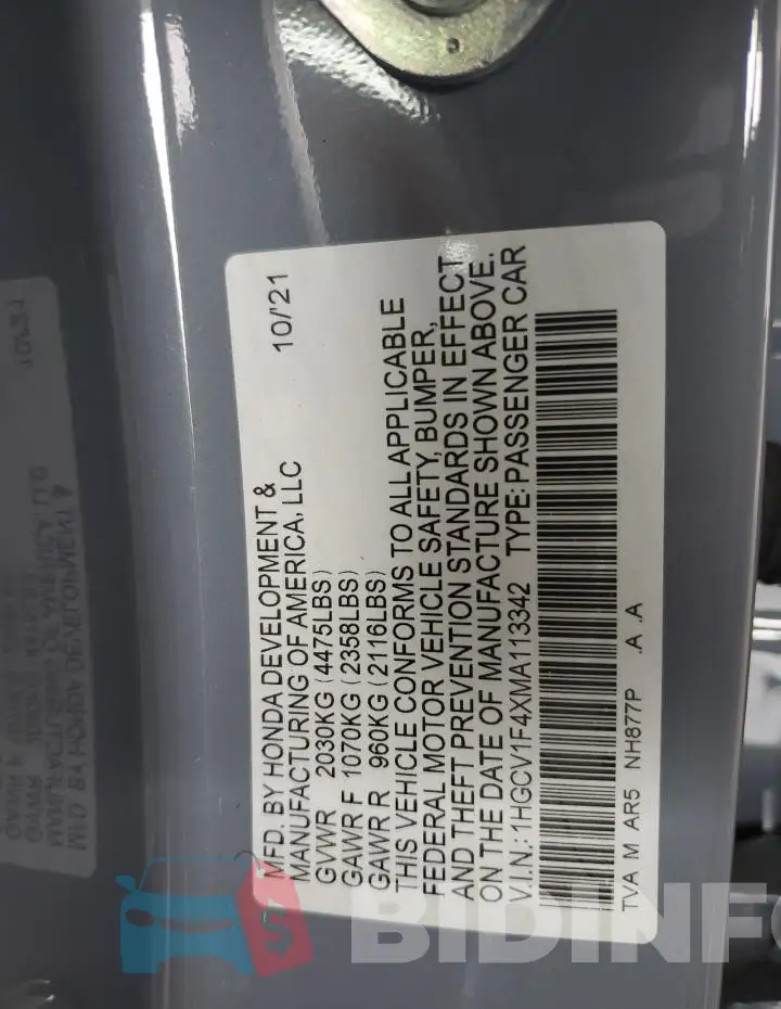 1HGCV1F4XMA113342 Photo# 12