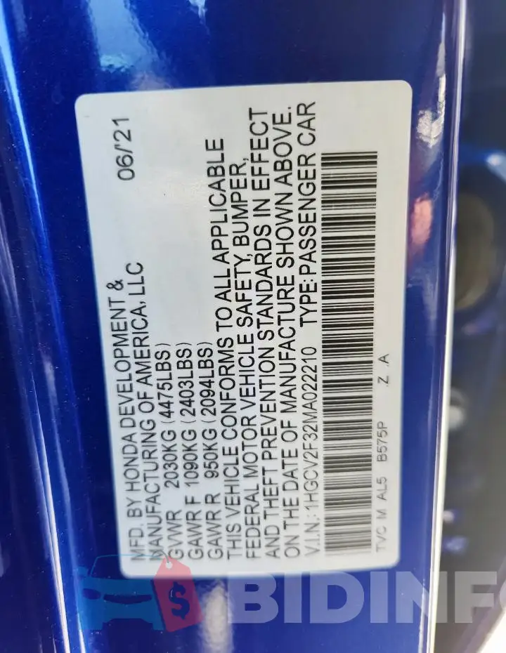 1HGCV2F32MA022210 Photo# 13
